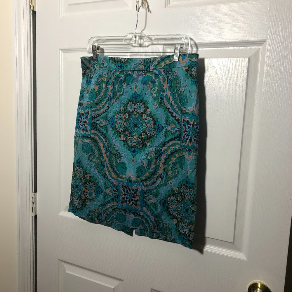 J Crew blue and green pencil skirt, back zip, 10